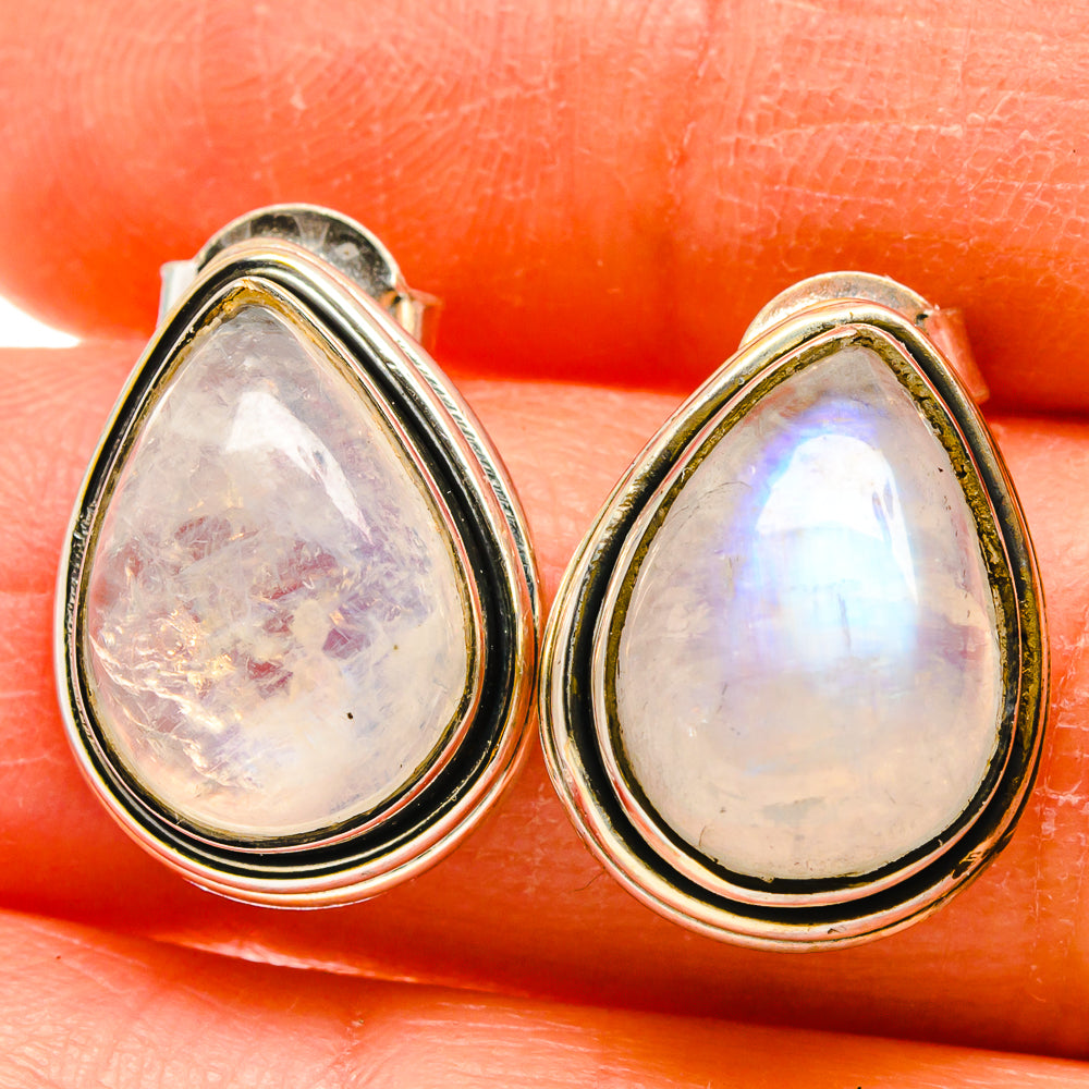 Teardrop moonstone stud earrings, 925 sterling silver bezel with iridescent white stone