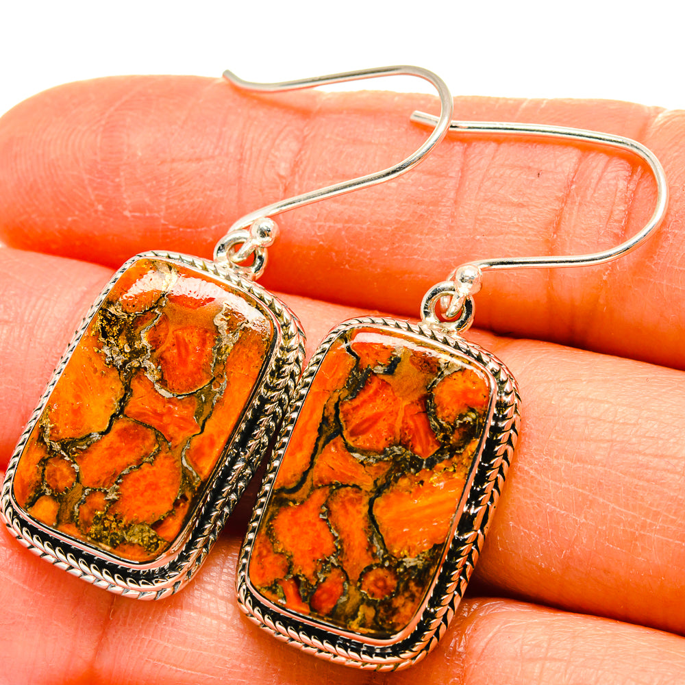 Orange copper composite turquoise drop earrings, rectangular stone with silver hooks