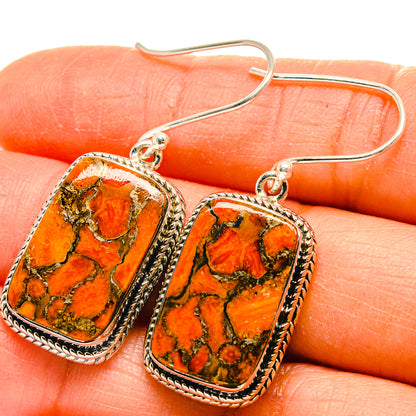 Orange copper composite turquoise drop earrings, rectangular stone with silver hooks