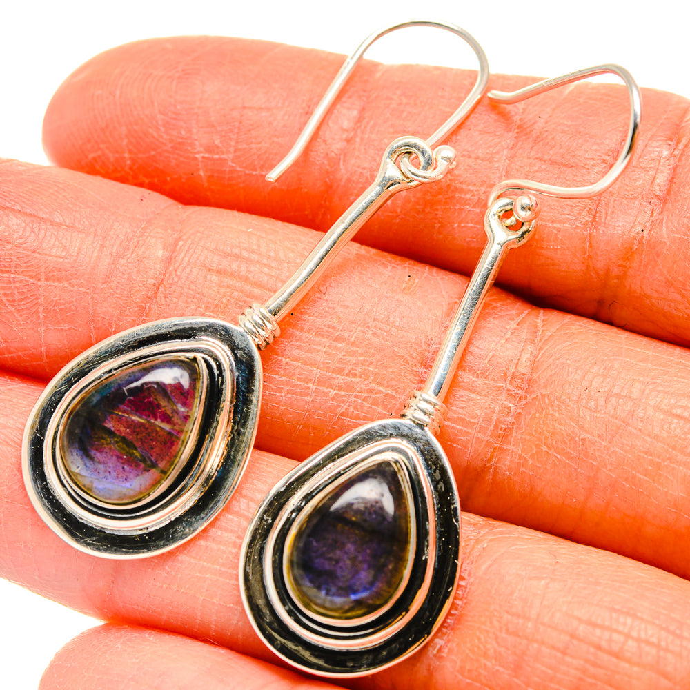 Sterling silver oval bezel earrings with purple-blue iridescent gemstone drops