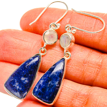 Blue sodalite teardrop dangle earrings with round rainbow moonstone cabochons, 925 silver hooks