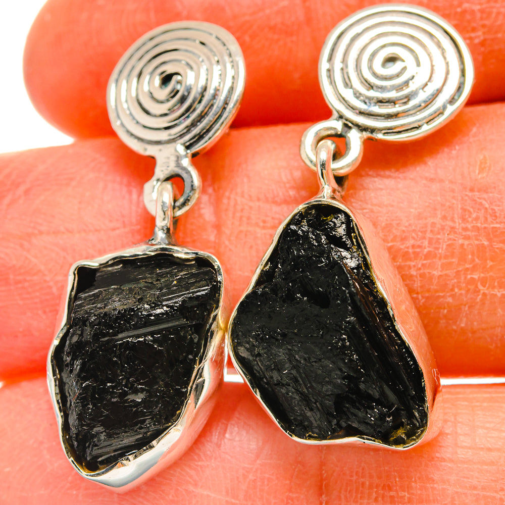 Tektite earrings with spiral silver top and black tektite drop, dangle style