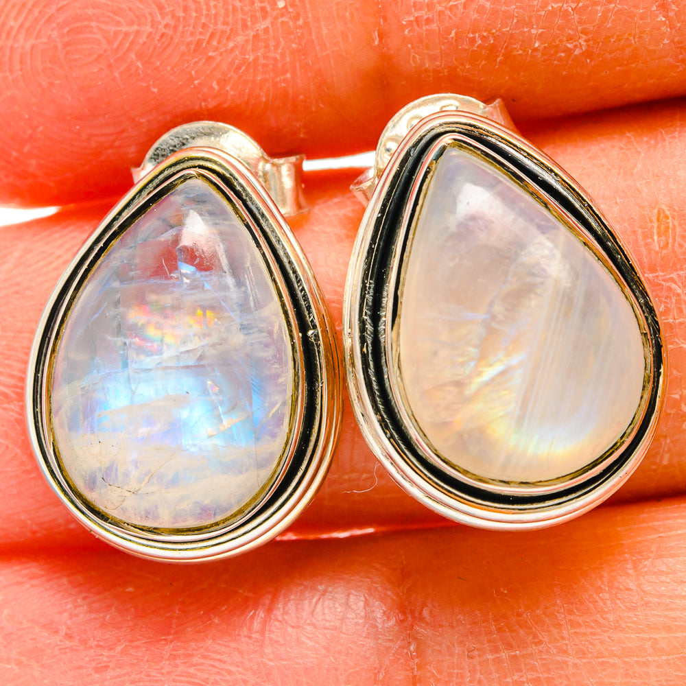 Teardrop moonstone earrings in 925 sterling silver, rainbow iridescent centers