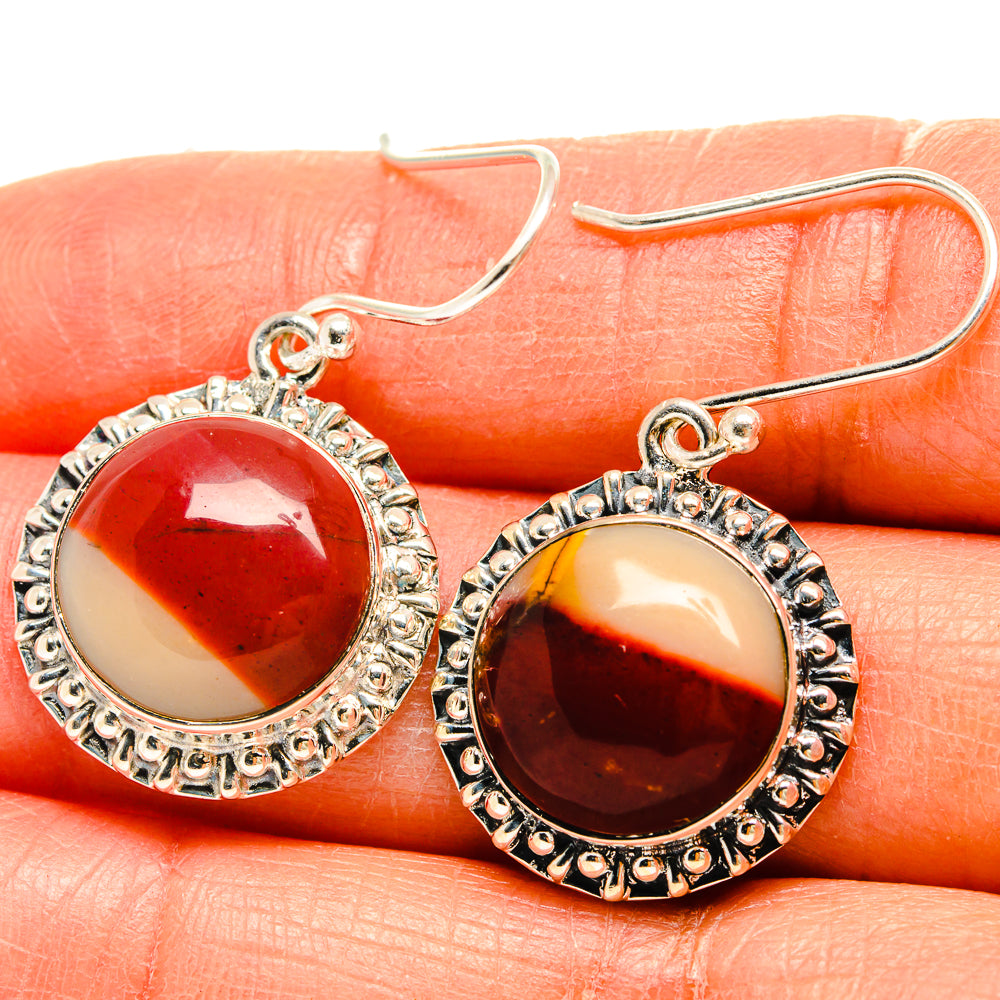 Round red and amber stone drop earrings in silver-tone beaded bezel hooks
