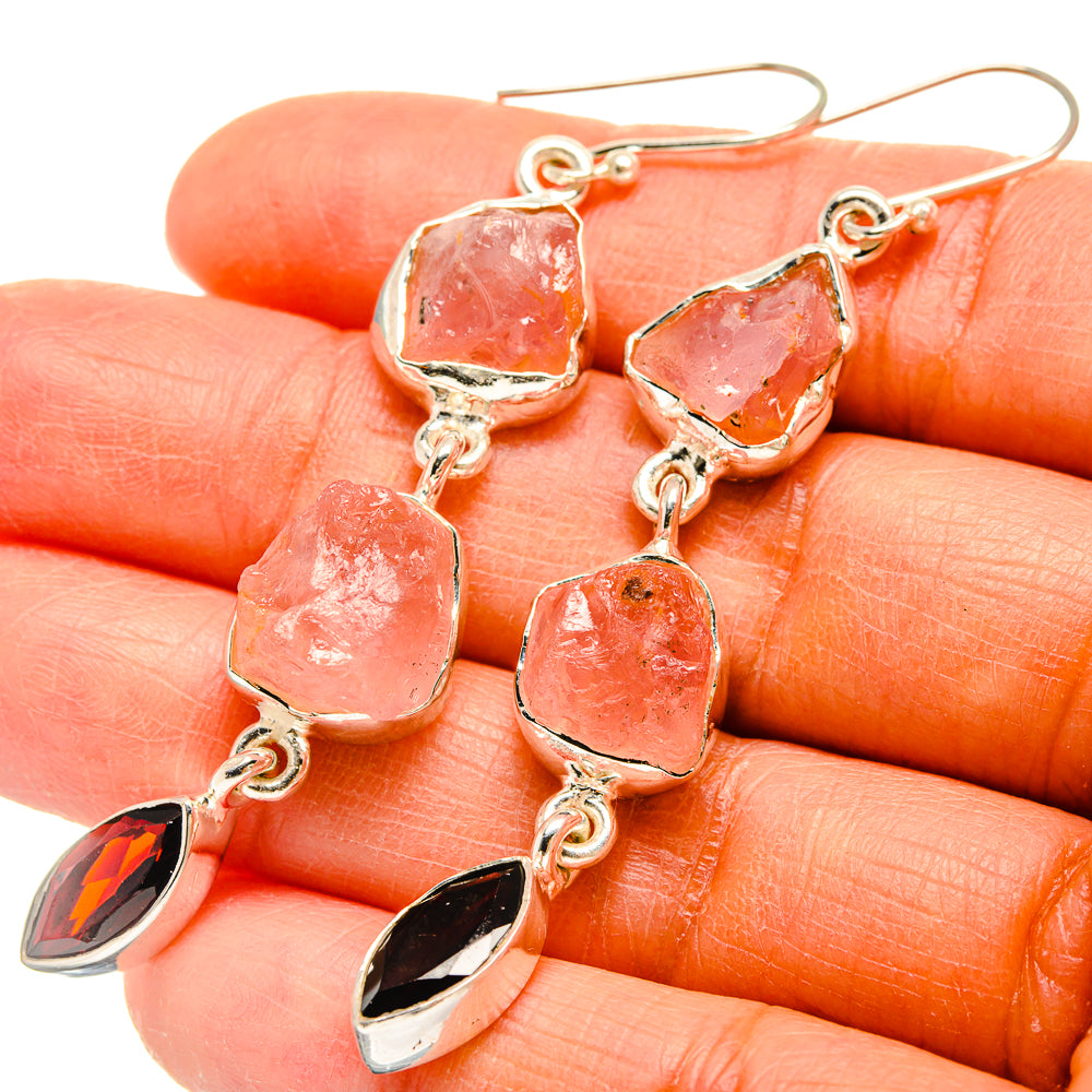 925 sterling silver rough gemstone drop earrings with pink and red stones