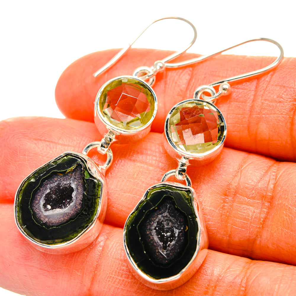 Sterling silver dangle earrings with green amethyst round stones and black geode drops