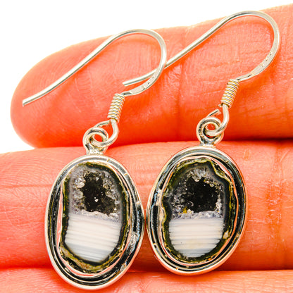 Oval drop earrings on hooks, dark green druzy geode with white wavy band and golden flecks