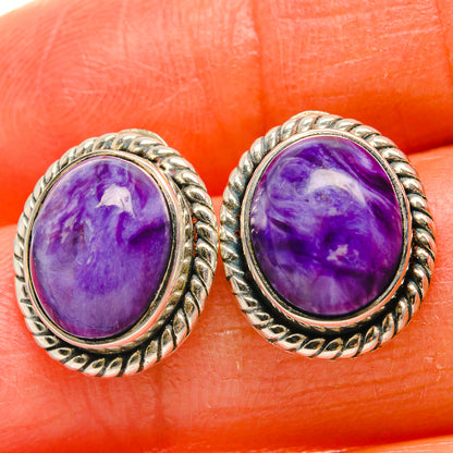 Oval charoite stud earrings with purple gemstone and rope-edged 925 silver bezel