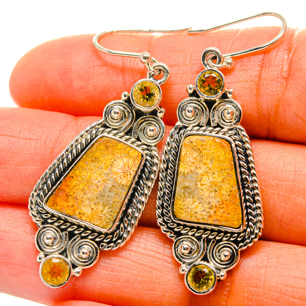Citrine and fossil coral drop earrings in 925 sterling silver, ornate filigree, round top stones