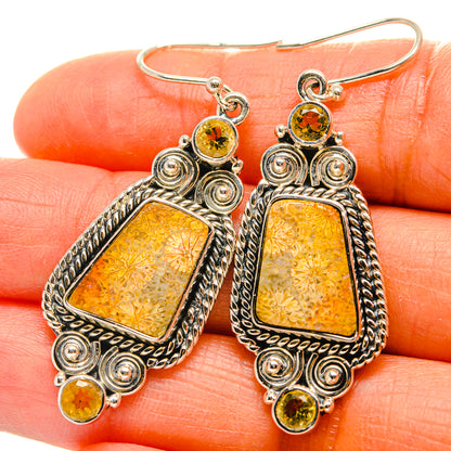 Citrine and fossil coral drop earrings in 925 sterling silver, ornate filigree, round top stones