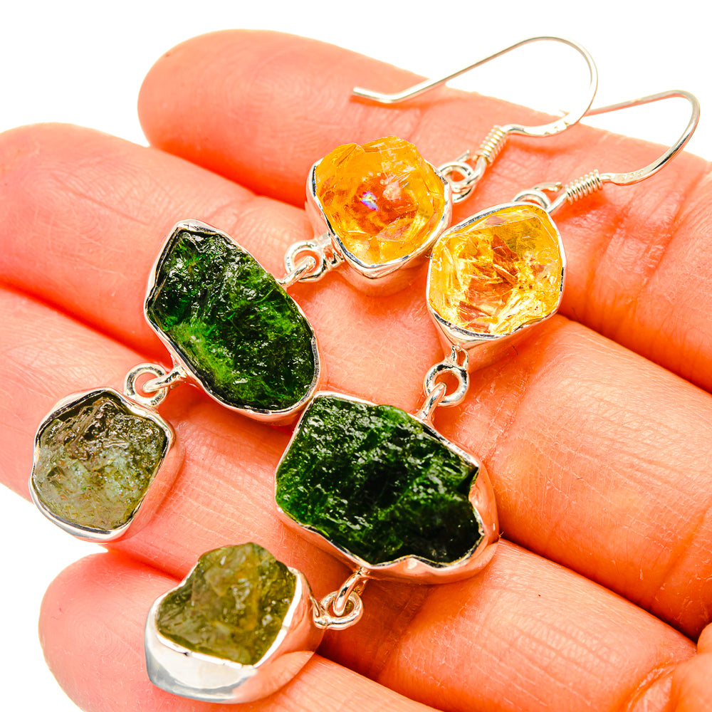 Citrine & peridot drop earrings on silver hooks, bezel-set yellow and green stones