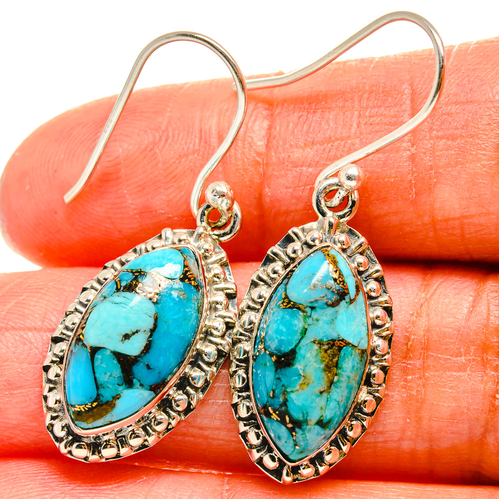 Turquoise oval stone drop earrings in 925 sterling silver, ornate bezel, fishhook
