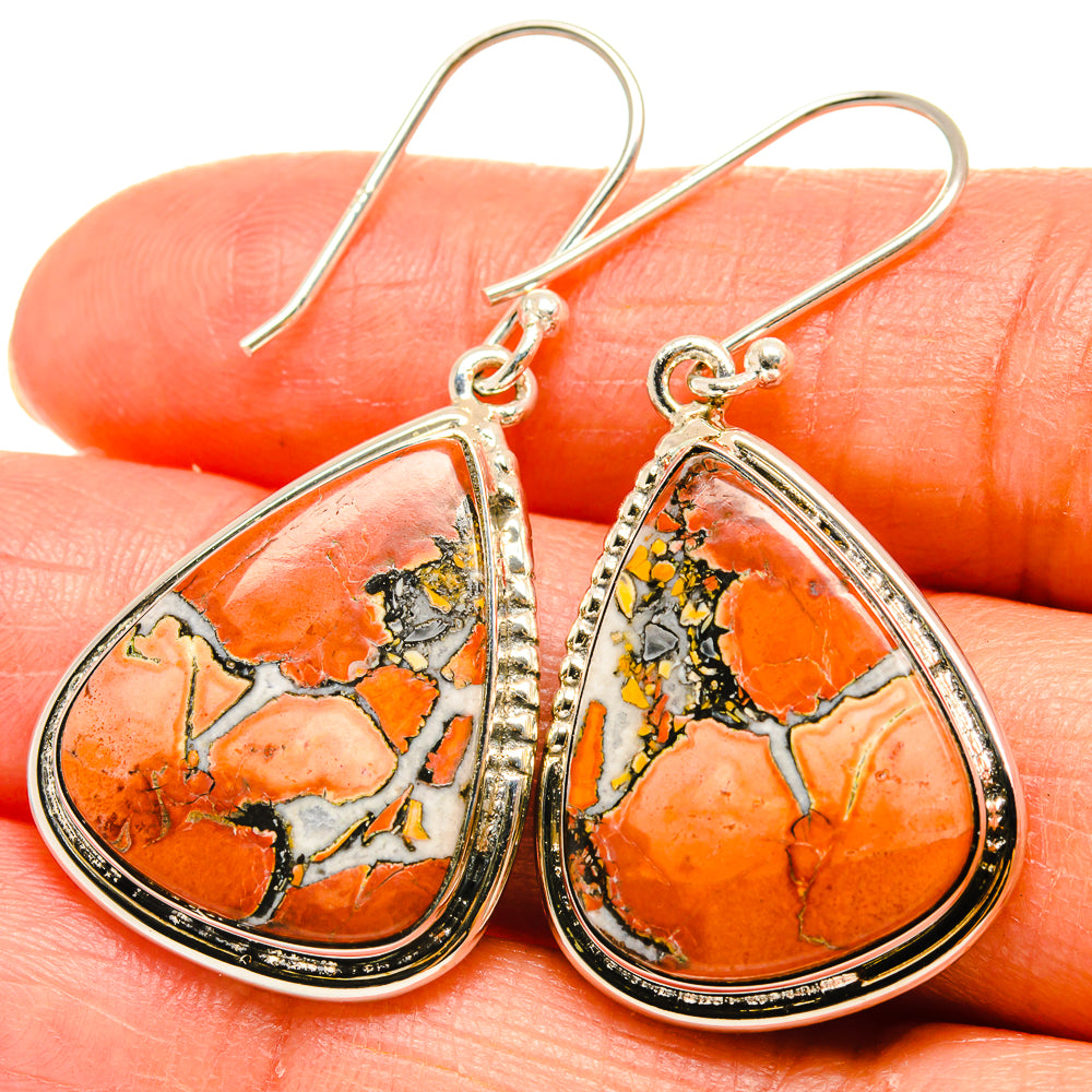 Teardrop mookaite earrings in orange and black with sterling silver hooks and bezel settings