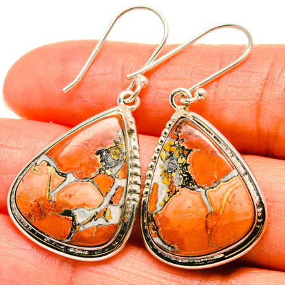 Teardrop mookaite earrings in orange and black with sterling silver hooks and bezel settings