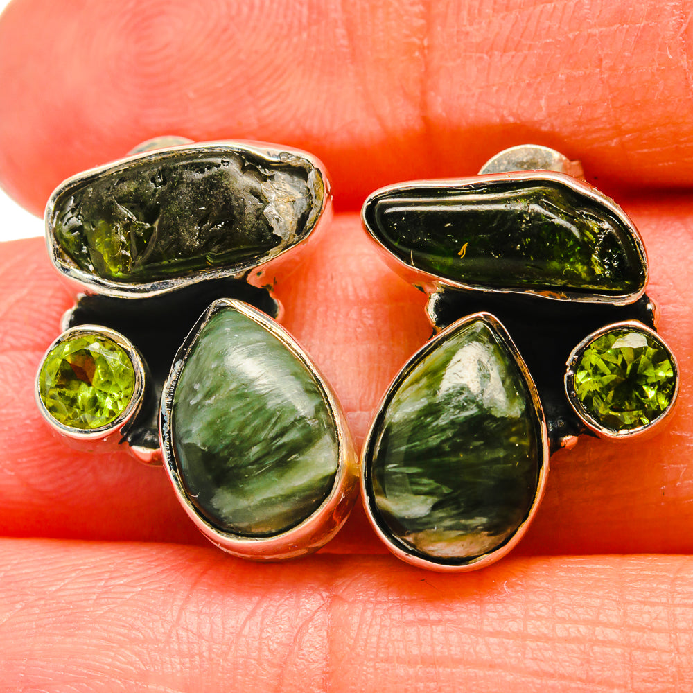 925 sterling silver green gemstone earrings with two teardrops and round accents, bezel-set.