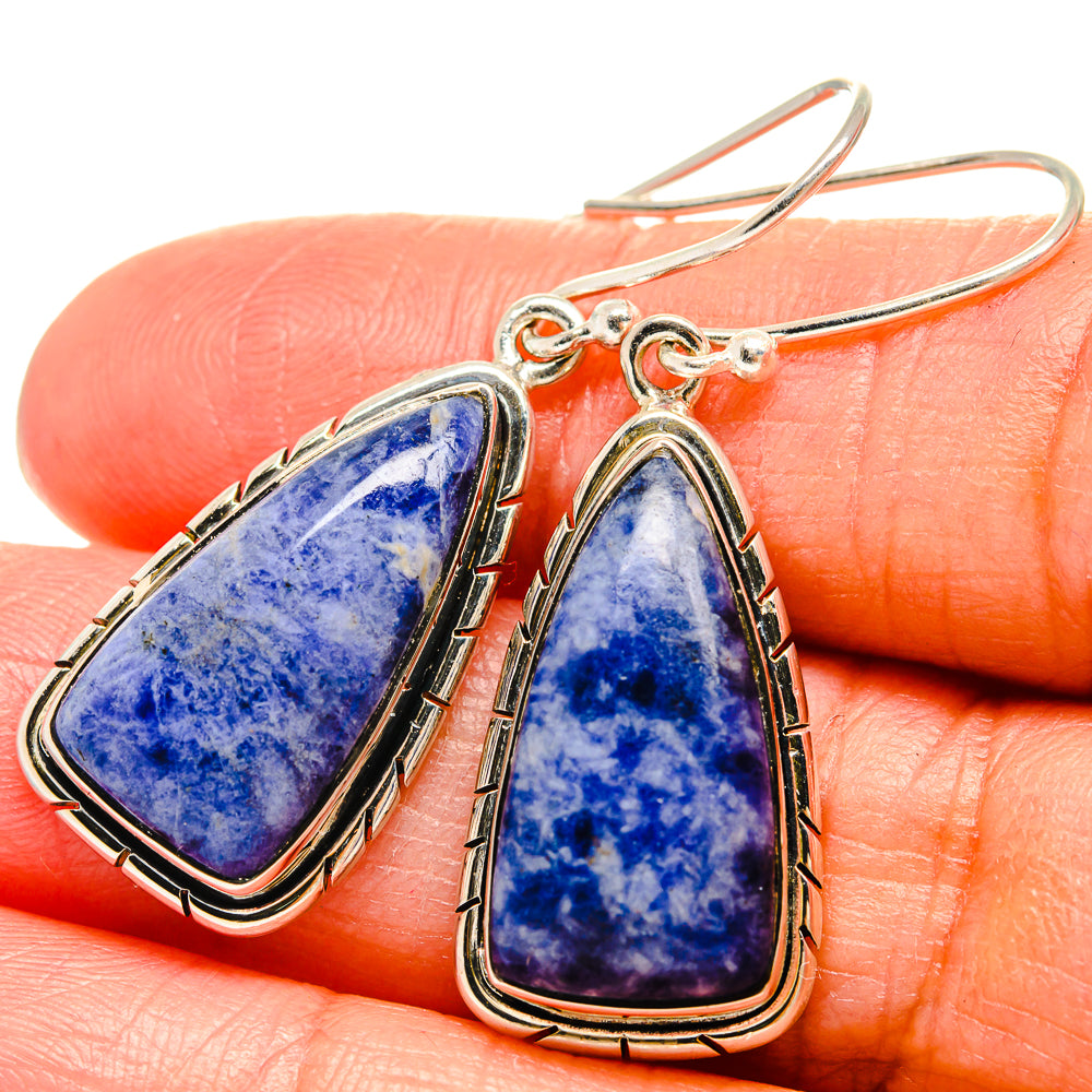 925 sterling silver teardrop sodalite earrings, blue marbled stone in bordered frame