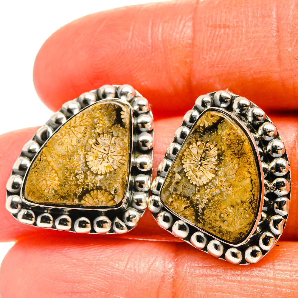 Fossil coral stud earrings in 925 sterling silver, triangular yellow stone bezel