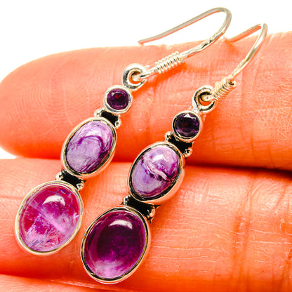 925 sterling silver drop earrings with oval purple amethyst and charoite stones