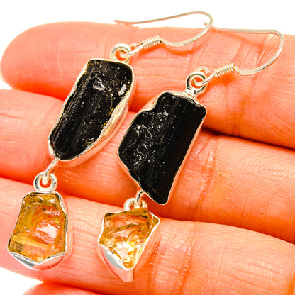 Tektite and citrine drop earrings, black tektite with faceted yellow citrine