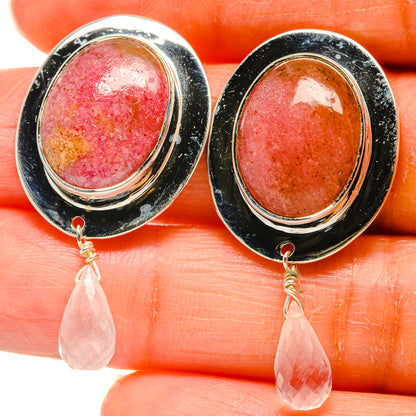 Pink thulite cabochon drop earrings, 925 silver with black bezel and pink crystal dangles