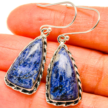 Teardrop blue sodalite drop earrings, 925 sterling silver with textured border