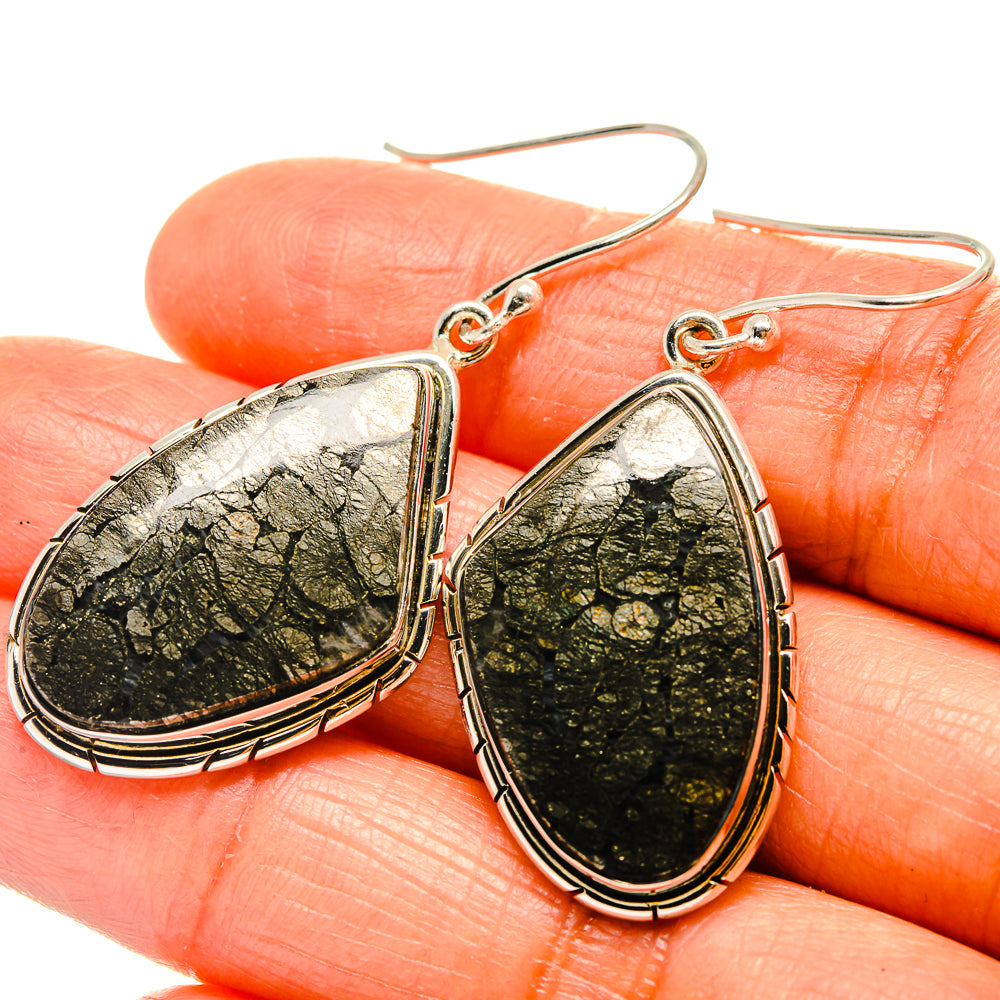 Teardrop pyrite agate drop earrings with textured black-and-gold stone and silver bezels