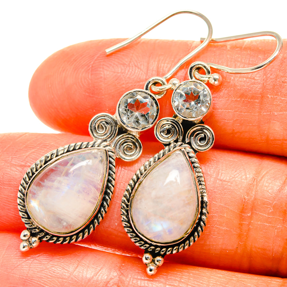 925 sterling silver drop earrings with moonstone teardrops and blue topaz round accents