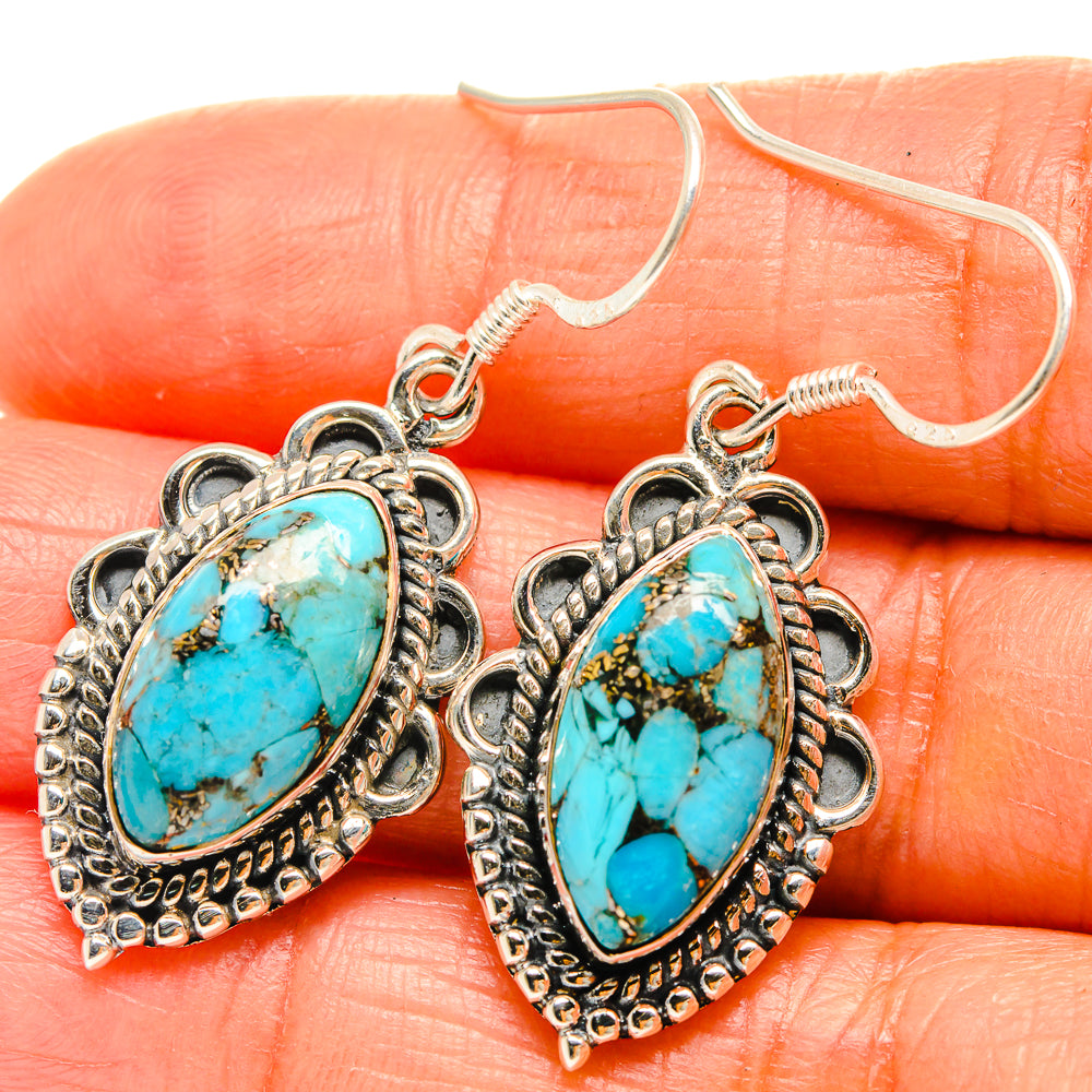 Turquoise oval drop earrings on 925 sterling silver filigree with loop hooks