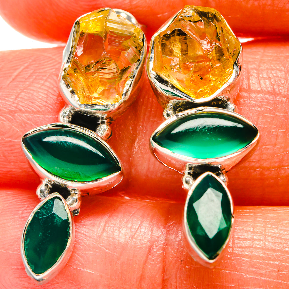 Sterling silver earrings with rough citrine tops and three green onyx drops
