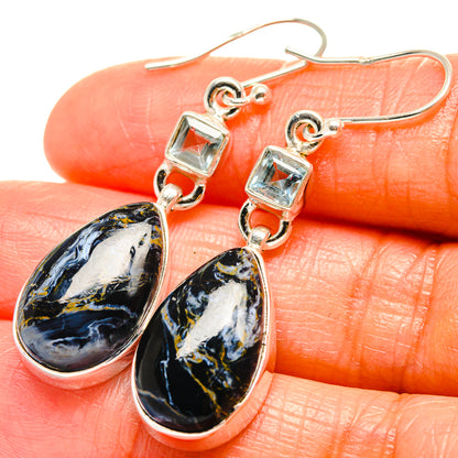 Sterling silver earrings with blue topaz squares and blue pietersite teardrops