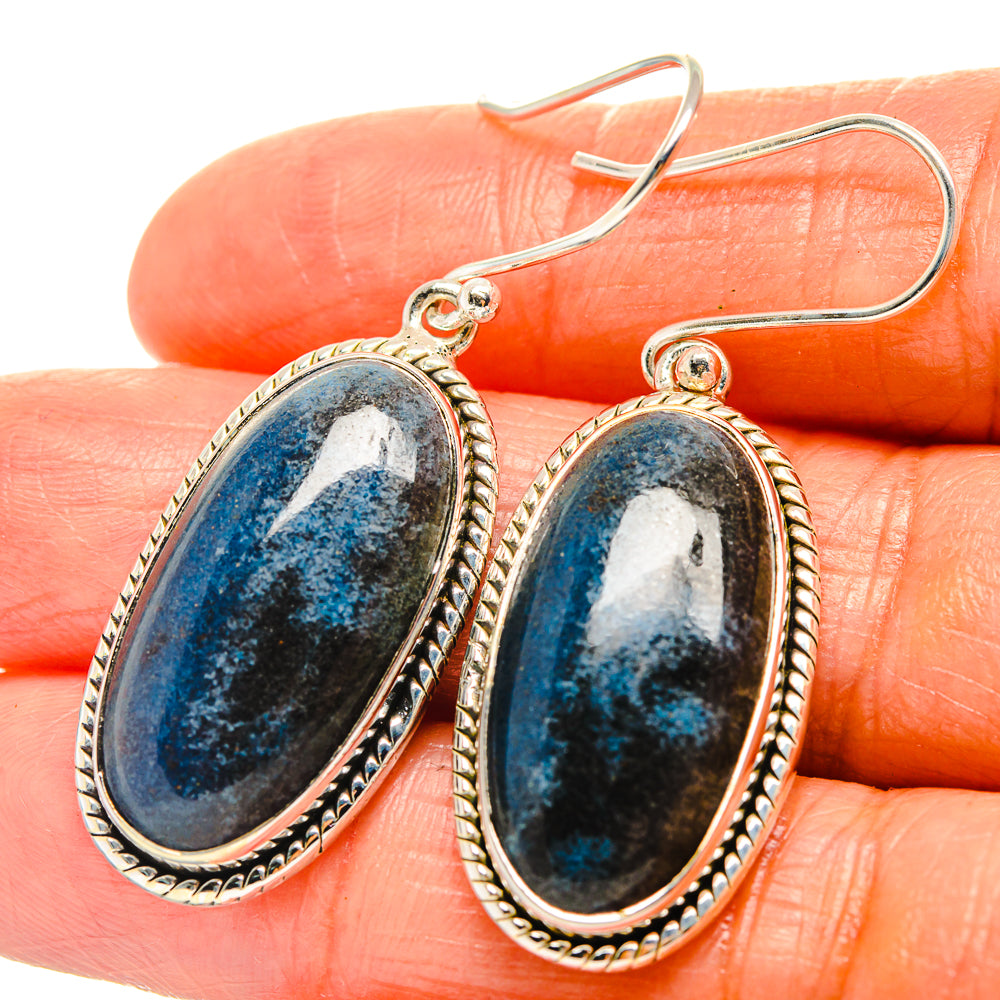 Oval shattuckite drop earrings in 925 sterling silver, faceted blue stone bezel frame