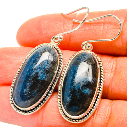 Oval shattuckite drop earrings in 925 sterling silver, faceted blue stone bezel frame
