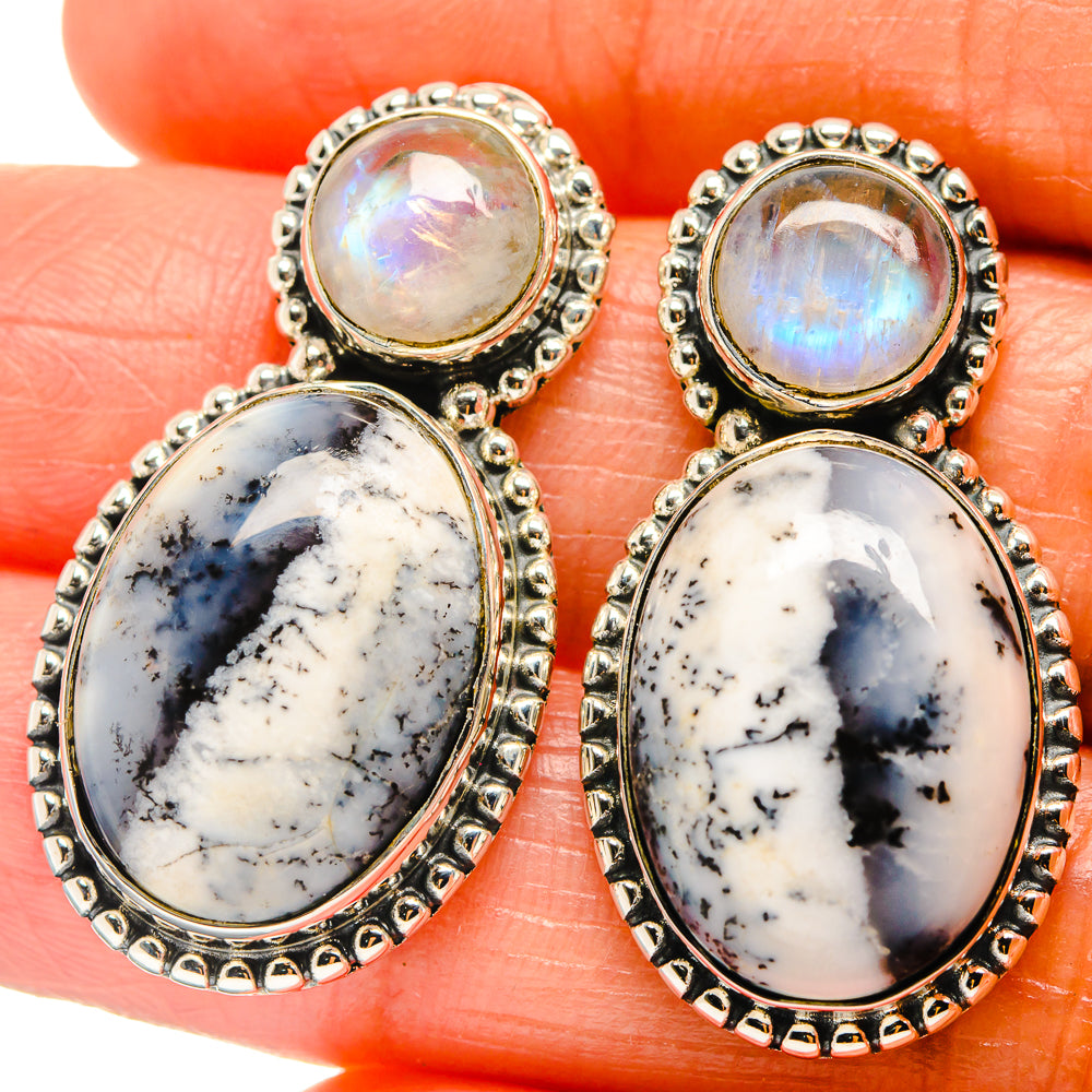 Sterling silver earrings with round iridescent opal tops and oval dendritic stones