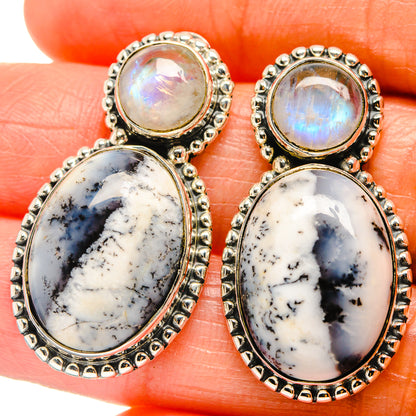 Sterling silver earrings with round iridescent opal tops and oval dendritic stones