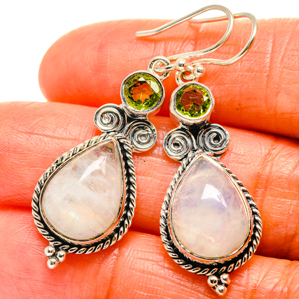 Sterling silver dangle earrings, green peridot top and teardrop moonstone drops