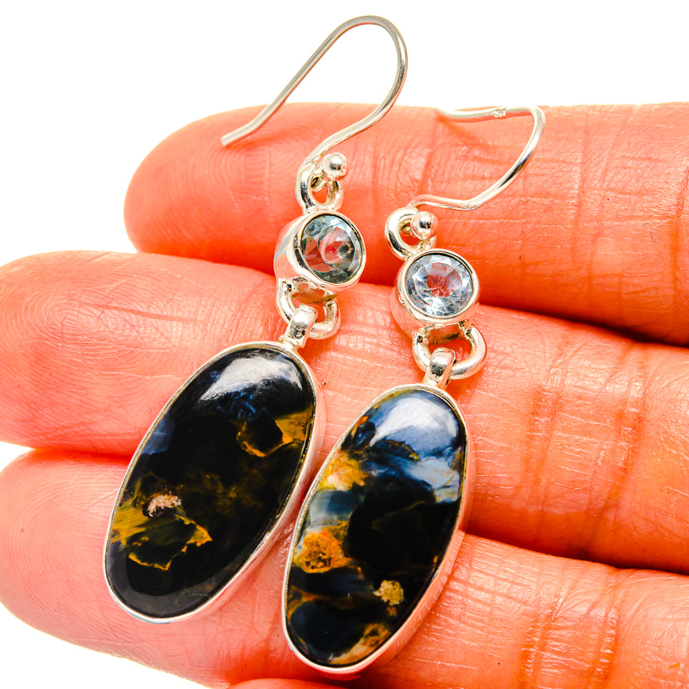 Sterling silver blue gemstone and pietersite oval drop earrings on hooks