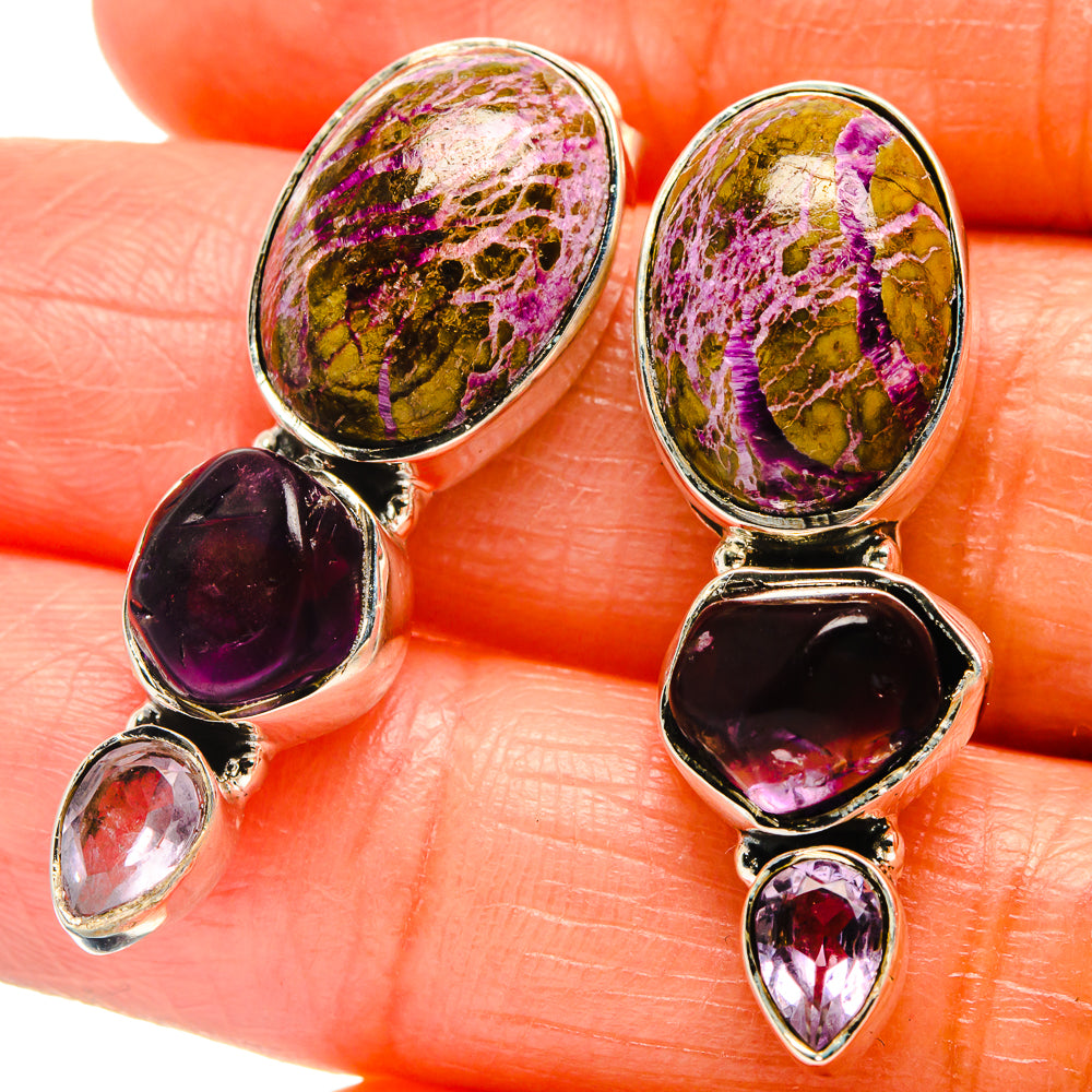 Oval stichtite and amethyst drop earrings with purple oval stones and teardrop accents