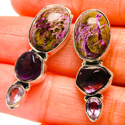 Oval stichtite and amethyst drop earrings with purple oval stones and teardrop accents