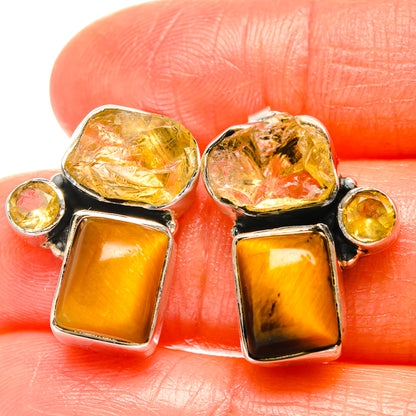Sterling silver stud-style earrings with square amber stones and round citrine gems