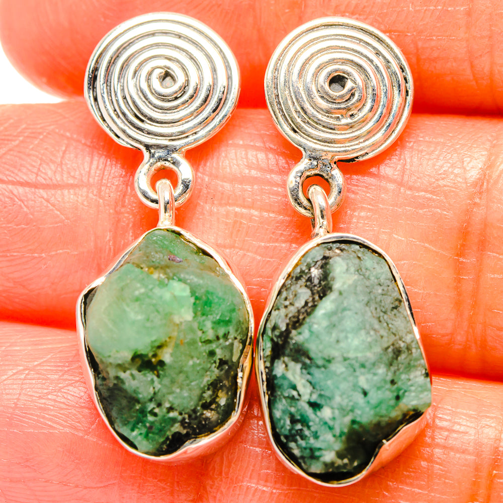 Sterling silver spiral stud earrings with rough green chrysoprase drop dangles
