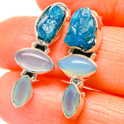 Sterling silver earrings with rough blue apatite and three aqua opal teardrop drops
