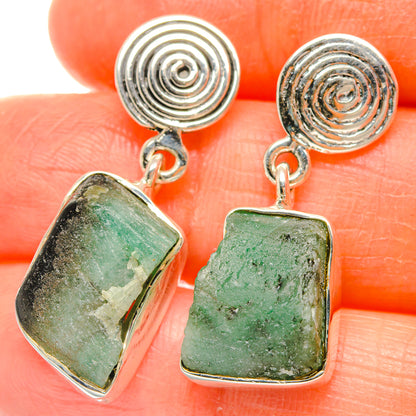 Sterling silver emerald earrings with rough green stones, spiral tops and square drops