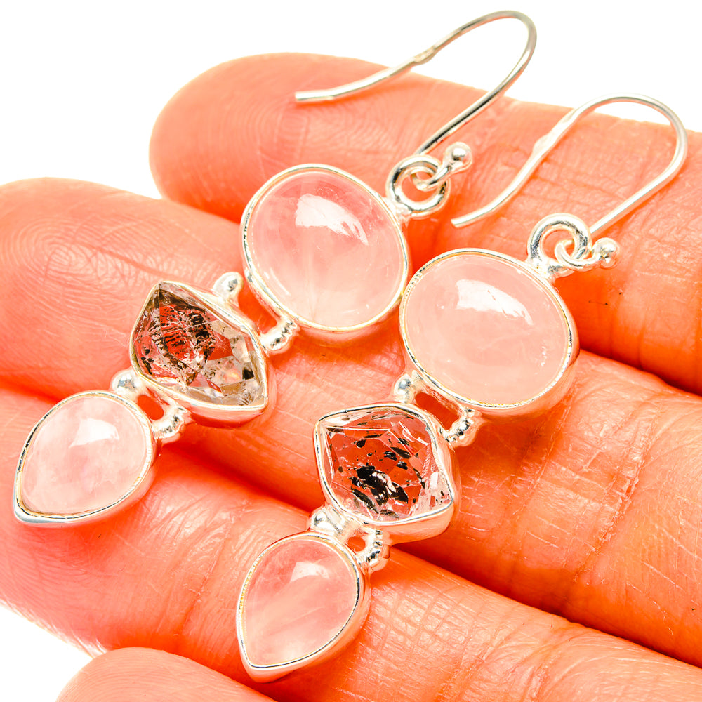 Sterling silver earrings: round rose quartz stones with faceted herkimer diamond accents