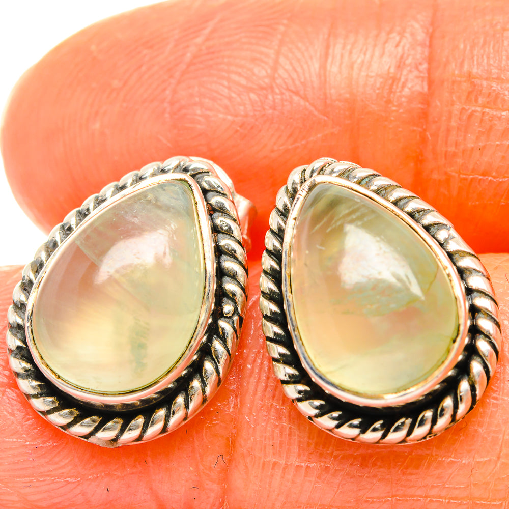 Close-up teardrop prehnite stud earrings, 925 sterling silver with rope-edge frames