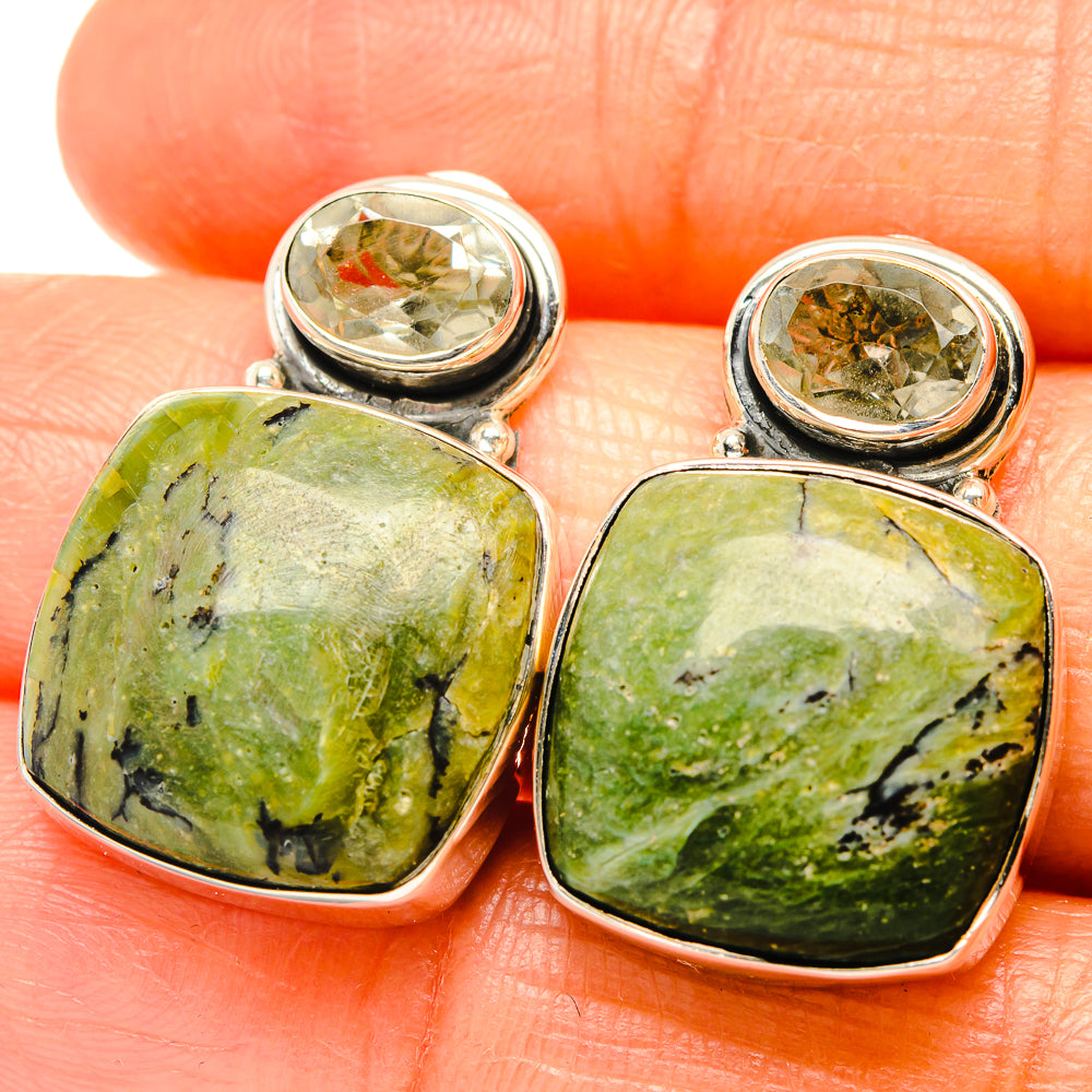 Green jasper drop earrings with clear round tops, silver-tone settings