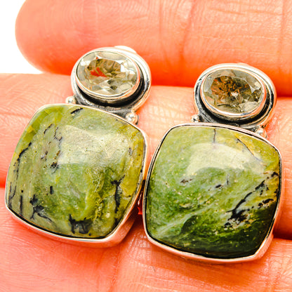 Green jasper drop earrings with clear round tops, silver-tone settings