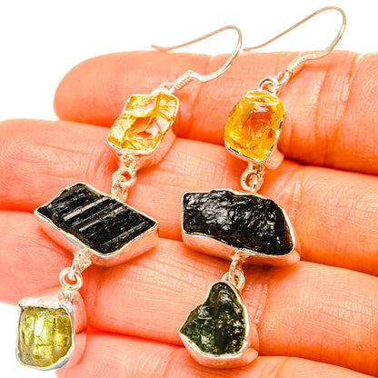 Sterling silver gemstone drop earrings with rough black, citrine-yellow, and green stones