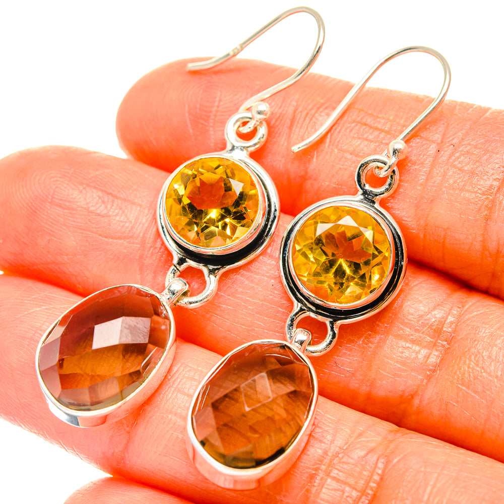 925 sterling silver dangle earrings: round yellow citrine and oval smoky quartz on hooks