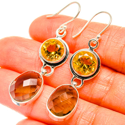 925 sterling silver dangle earrings: round yellow citrine and oval smoky quartz on hooks