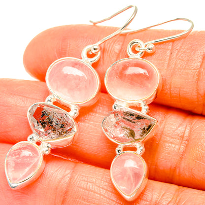 Rose quartz and Herkimer diamond drop earrings, rose-pink teardrop stones in silver